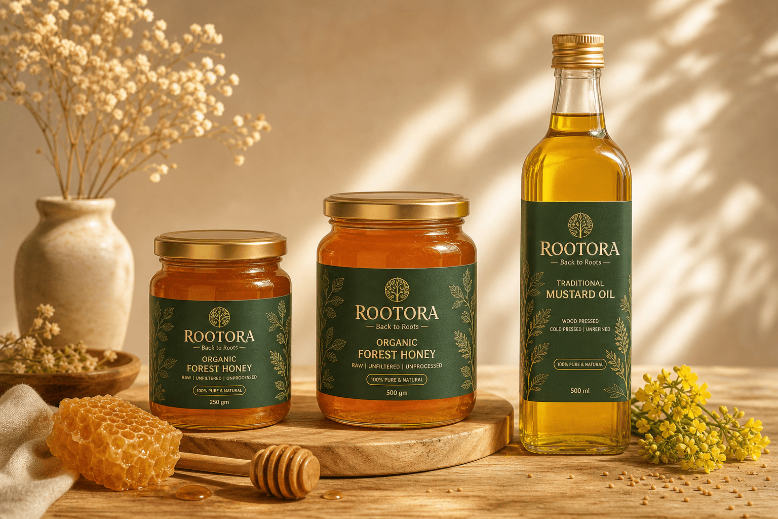 ROOTORA organic forest honey and traditional mustard oil