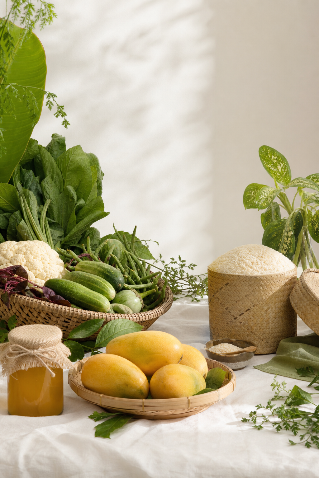 Fresh organic produce from Bangladeshi farms — mangoes, rice, honey, and vegetables